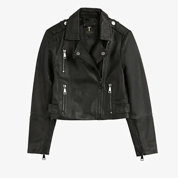 Ted Baker- NWT Black Leather Cropped Biker Jacket - Picture 1 of 5
